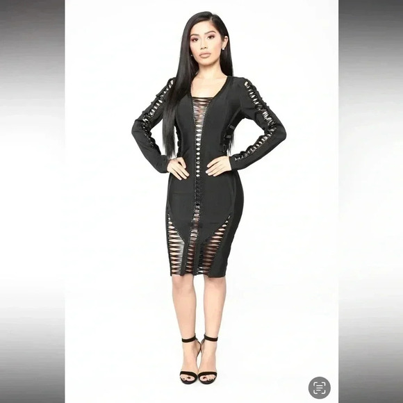 FASHION NOVA BLACK CUT OUT BACK FAUX LEATHER DRESS - Picture 2 of 13